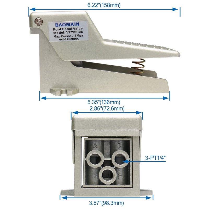 Baomain Pneumatic Air Foot Pedal Valve VF200-08 PT 1/4" Nonslip Momentary 2 Position 3 Way Foot Switch - Image 4