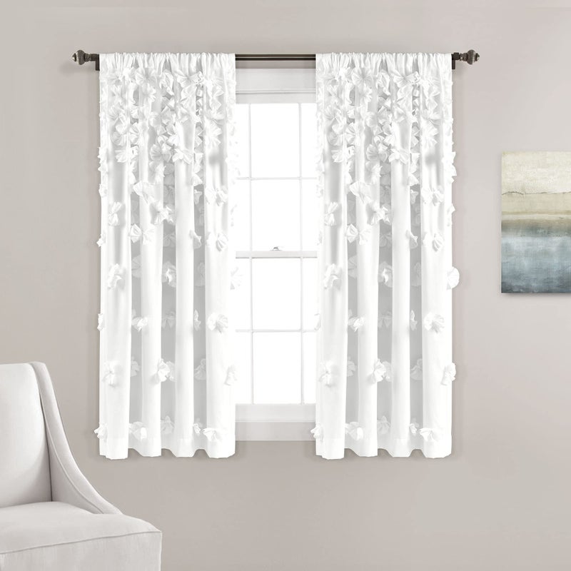 Lush Decor Riley Window Curtain Semi-Sheer Ruffled Textured Bow Window Panel for Living, Dining Room, Bedroom (Single), 54"W x 63"L, White - Image 1