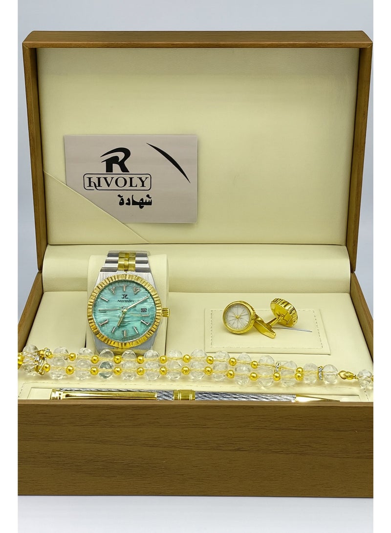 ريفولي طقم رجالي من الستانلس ستيل يتكون من ساعة وسبحة وقلم وازرار اكمام - Image 2