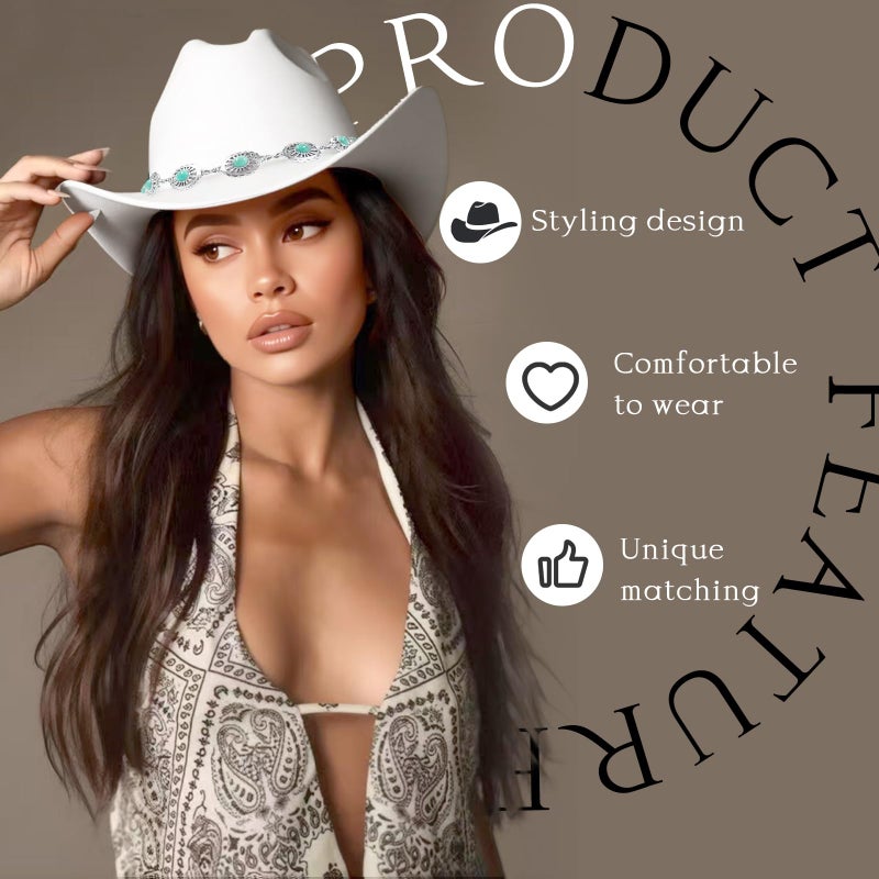 WOKNOW Western Cowboy Hat for Women Men Classic Felt Cowgirl Hat with Turquoise Silver Chain Band Wide Brim, Fits Most Adult Sizes (White) - Image 4
