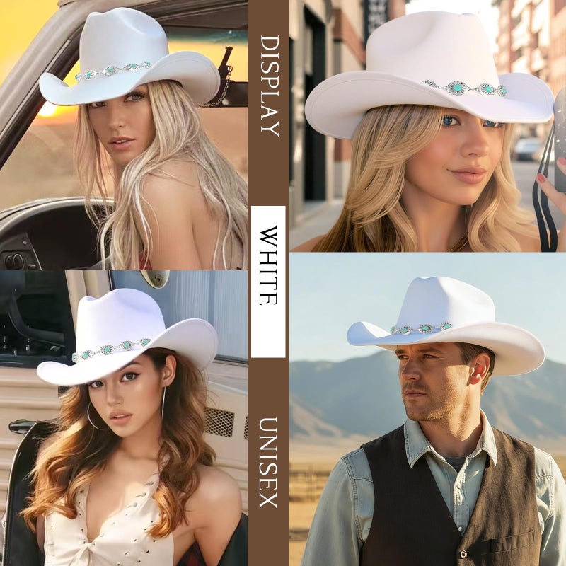WOKNOW Western Cowboy Hat for Women Men Classic Felt Cowgirl Hat with Turquoise Silver Chain Band Wide Brim, Fits Most Adult Sizes (White) - Image 5