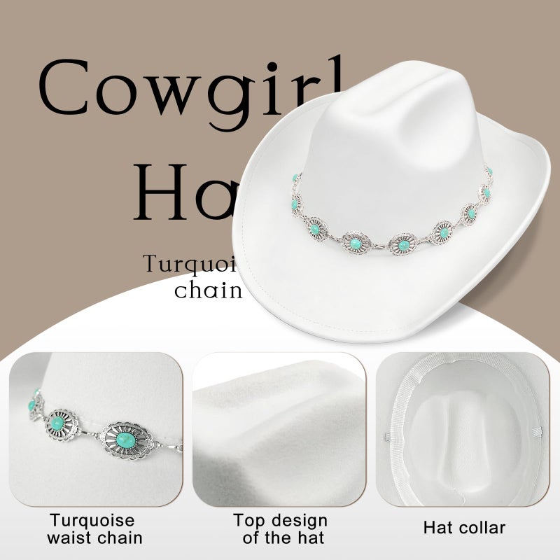 WOKNOW Western Cowboy Hat for Women Men Classic Felt Cowgirl Hat with Turquoise Silver Chain Band Wide Brim, Fits Most Adult Sizes (White) - Image 3