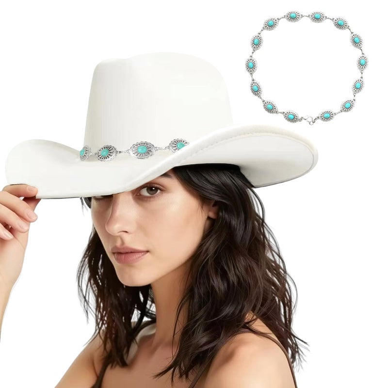 WOKNOW Western Cowboy Hat for Women Men Classic Felt Cowgirl Hat with Turquoise Silver Chain Band Wide Brim, Fits Most Adult Sizes (White) - Image 1