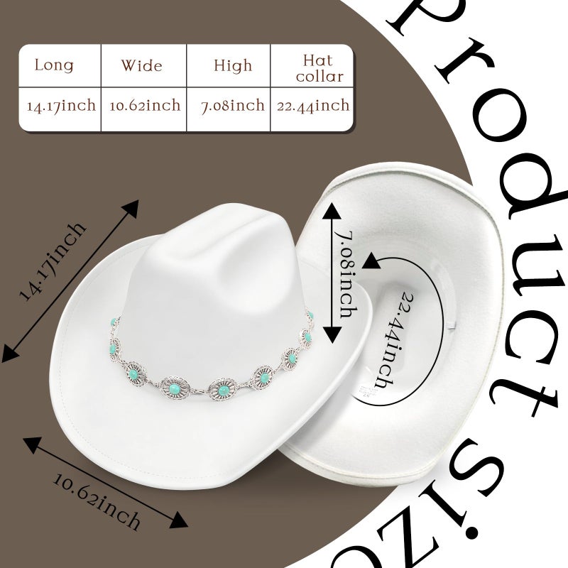 WOKNOW Western Cowboy Hat for Women Men Classic Felt Cowgirl Hat with Turquoise Silver Chain Band Wide Brim, Fits Most Adult Sizes (White) - Image 2