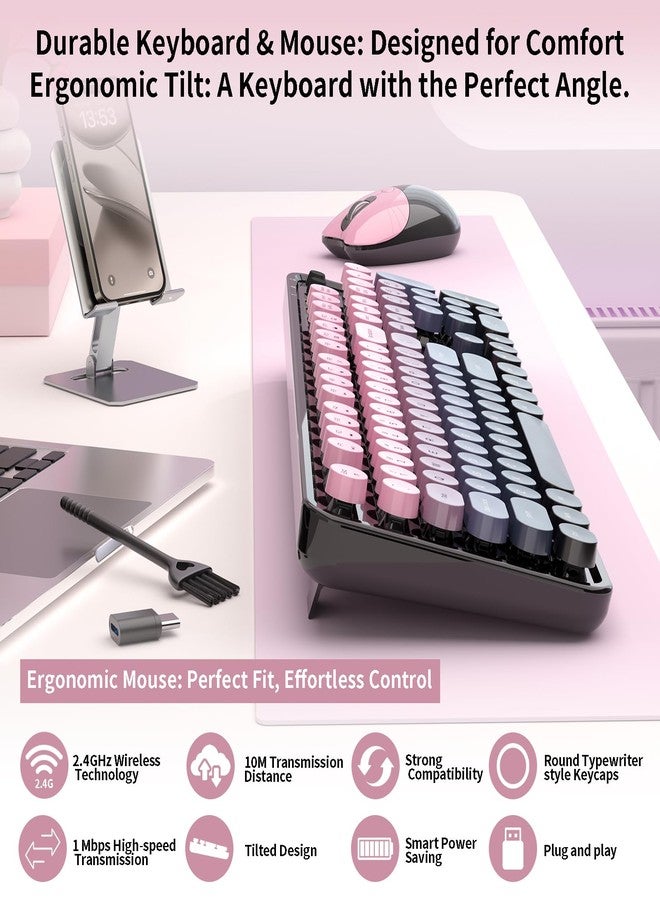 MOFii Wireless Keyboard and Mouse, MOFII 104 Round Keycaps Retro Typewriter with OTG & Brush, Full-Size Ergonomic, Ideal for Windows PC, Home, Office and College Peach Pink - Image 2