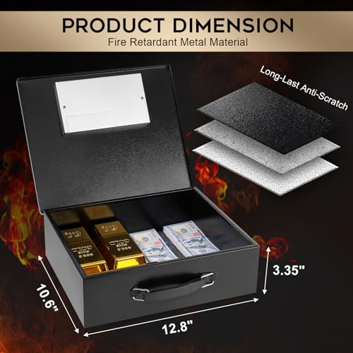 Dalmbox Portable Metal Safe Box with Digital Code Lock,Fire Resistant Storage for Documents, Fireproof Safe Box, Car, Home, Office and Outside, Black Box,Large - Image 2