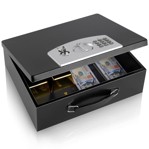 Dalmbox Portable Metal Safe Box with Digital Code Lock,Fire Resistant Storage for Documents, Fireproof Safe Box, Car, Home, Office and Outside, Black Box,Large - Image 1