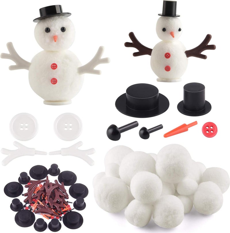 KUUQA 132 Pcs DIY Christmas Snowman Making Kits Includes Mini Top Hats Snowmans Nose Plastic Wings for DIY Ornament Crafts Xmas Decoration Christmas Party Supplies - Image 1