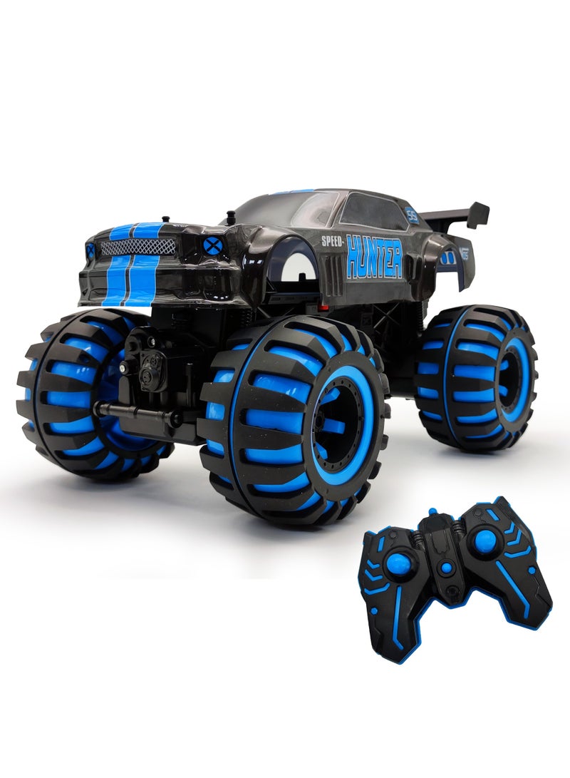 فونسترز سيارة حركات بهلوانية من سلسلة نيون من فنسترز | سيارة سوداء بمقياس 1:12، تعمل بجهاز تحكم عن بُعد، مزودة بمصابيح LED وبطارية قابلة لإعادة الشحن | سيارة تحكم عن بُعد بتردد 2.4 جيجاهرتز | هيكل معدني، إطار فولاذي عالي القوة، سيارة حركات بهلوانية للأطفال من سن 6 سنوات فما فوق | سيارة حركات بهلوانية متينة تعمل بجهاز تحكم عن بُعد - مصممة للسباقات، مصممة للإثارة - Image 1