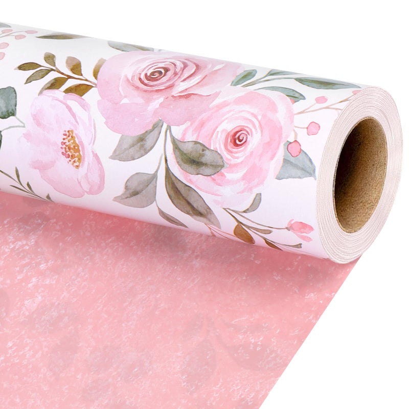 BIOBROWN Reversible Floral Wrapping Paper Roll - 30 Inches X 33 Feet (82.5 sq. ft. ttl.) Pink Watercolor Roses Design Flower Gift Wrap for Valentine's Day, Wedding, Bridal Shower, Mother's Day - Image 1