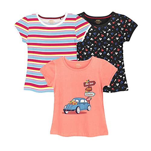 ARIEL Cotton Regular Fit Half Sleeve Cotton T-Shirts for Girls - Round Neck Tops for Girl, Multicolor - Pack of 3 - Image 1