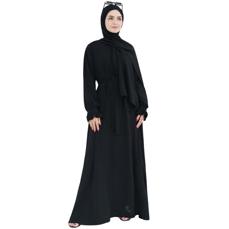 khalat Women Muslim Dress Middle East Arabian Robe Islamic Modest Dress with Hijab Scarf Lace Sleeve Flowy Abaya Dress Black - Image 2