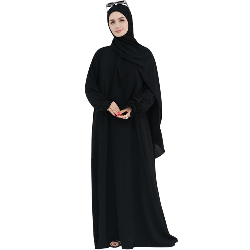 khalat Women Muslim Dress Middle East Arabian Robe Islamic Modest Dress with Hijab Scarf Lace Sleeve Flowy Abaya Dress Black - Image 1
