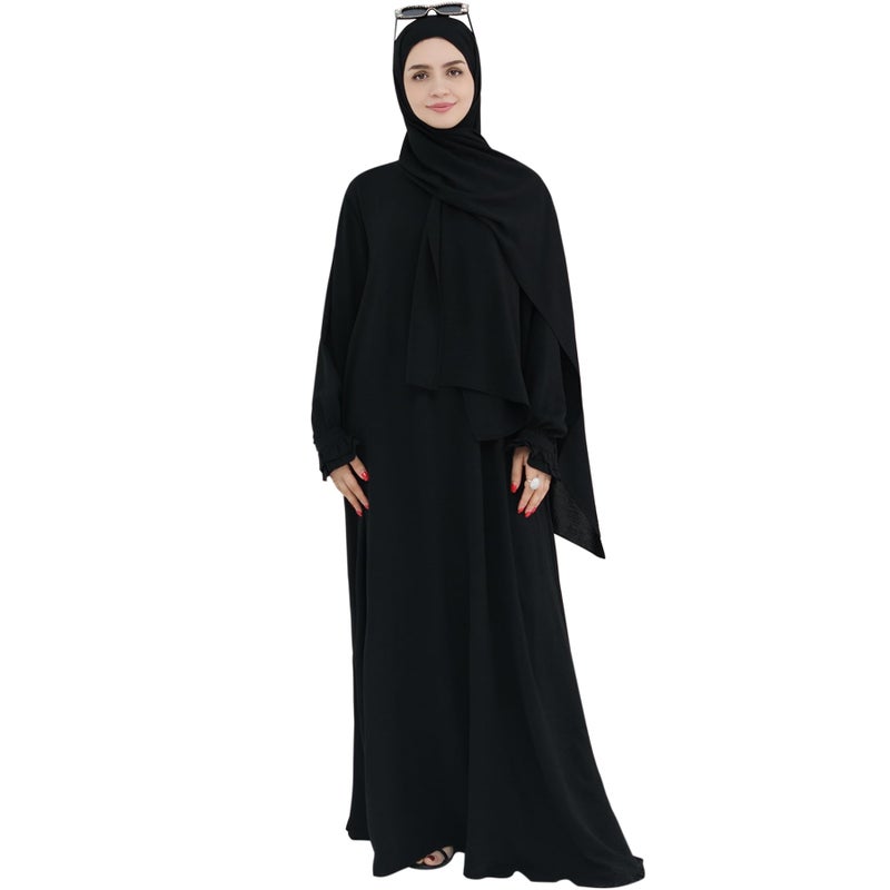 khalat Women Muslim Dress Middle East Arabian Robe Islamic Modest Dress with Hijab Scarf Lace Sleeve Flowy Abaya Dress Black - Image 4