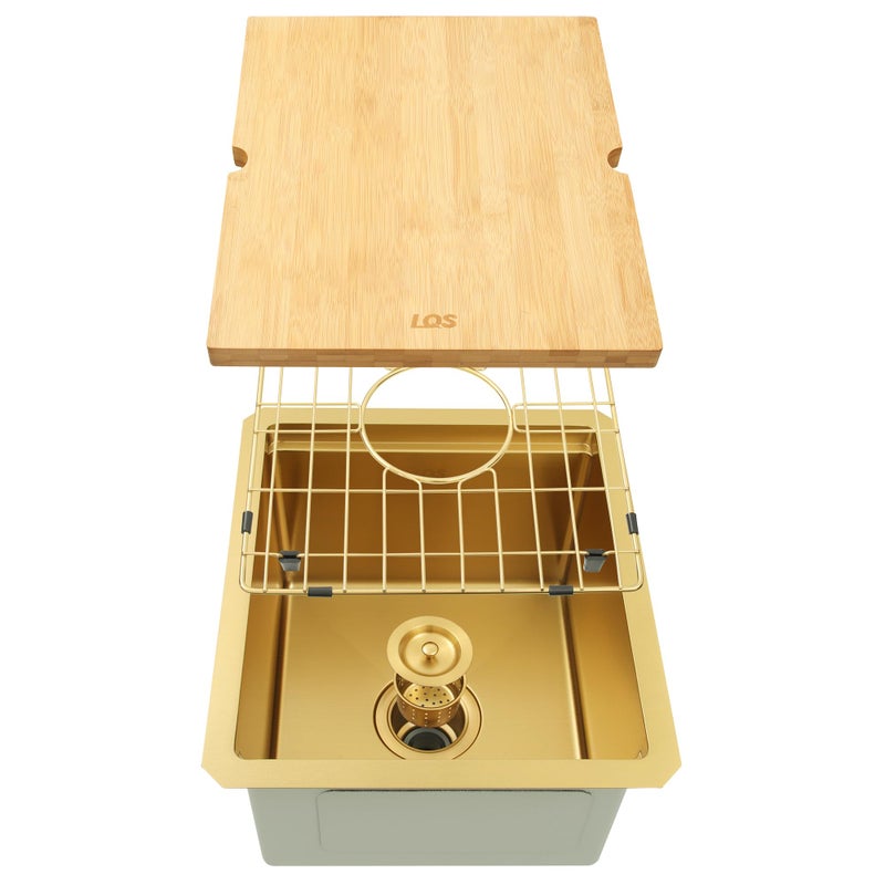 LQS 15 x 17 Bar Sink Undermount Stainless Steel LQS Gold Small Wet Bar Sink and RV Kitchen Sink 16 Gauge Stainless Steel Gold Kitchen Sink with Brushed Finish Nano PVD For RV Outdoor and Prep Use