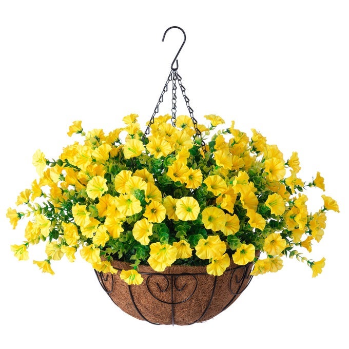 ARTIFICIAL FALL FLOWERS FAKE HANGING PLANTS FLOWERS BASKET FOR OUTDOORS AUTUMN DECORATION YELLOW SILK MORNING GLORY WITH EUCALYPTUS LOOK REAL UV RESISTANT FAUX FLOWERS FOR OUTSIDE PORCH PATIO BALCONY