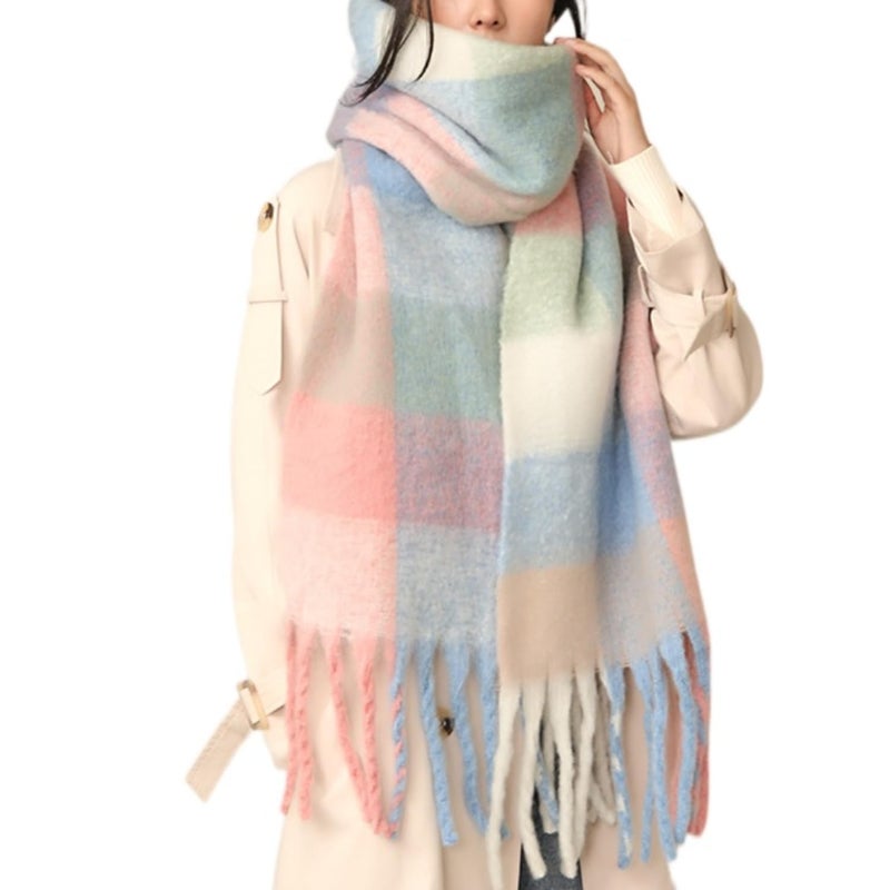 MININAI Chunky Winter Scarfs for Women Cold Weather Warm Knit Thick Plaid Scarf Long Large Oversized Checked Scarves (Pastel) - Image 1