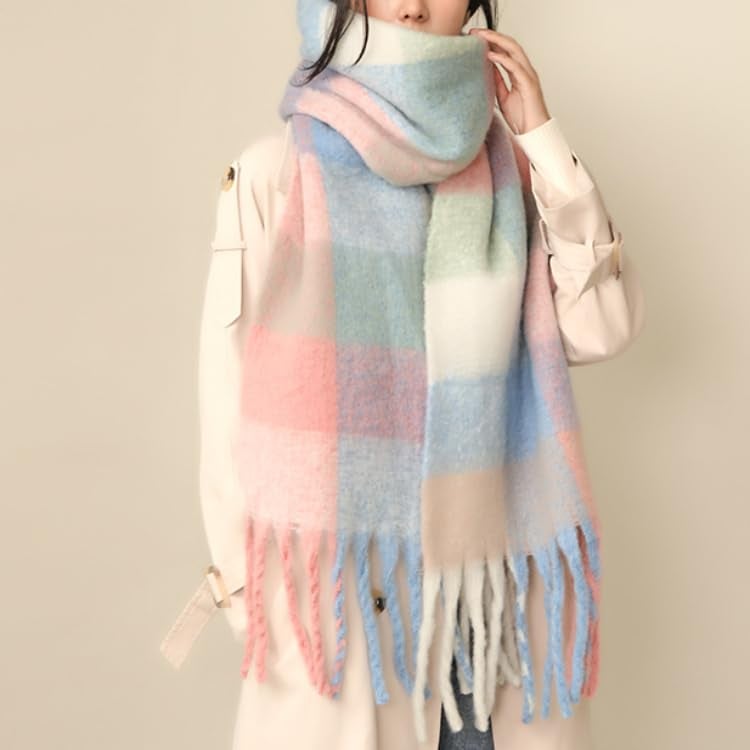 MININAI Chunky Winter Scarfs for Women Cold Weather Warm Knit Thick Plaid Scarf Long Large Oversized Checked Scarves (Pastel) - Image 2