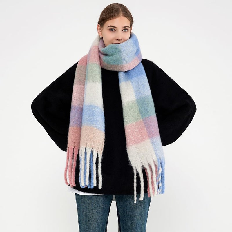 MININAI Chunky Winter Scarfs for Women Cold Weather Warm Knit Thick Plaid Scarf Long Large Oversized Checked Scarves (Pastel) - Image 5