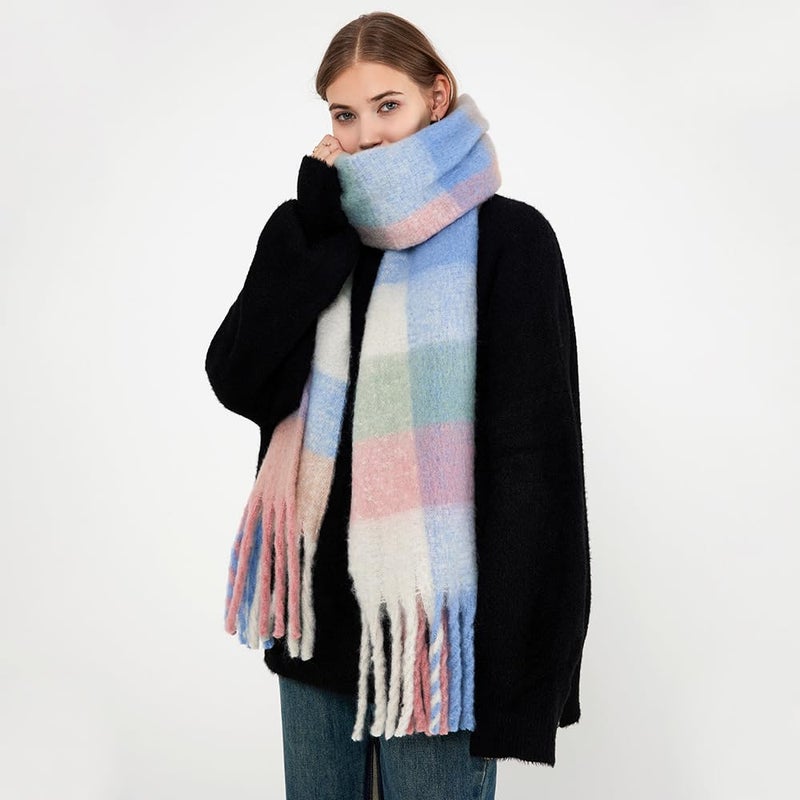 MININAI Chunky Winter Scarfs for Women Cold Weather Warm Knit Thick Plaid Scarf Long Large Oversized Checked Scarves (Pastel) - Image 4