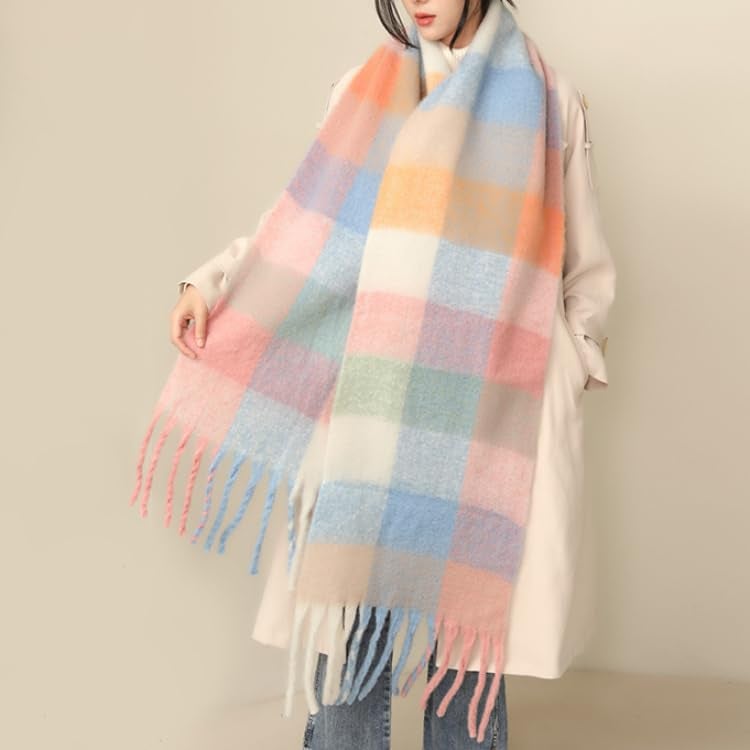 MININAI Chunky Winter Scarfs for Women Cold Weather Warm Knit Thick Plaid Scarf Long Large Oversized Checked Scarves (Pastel) - Image 3