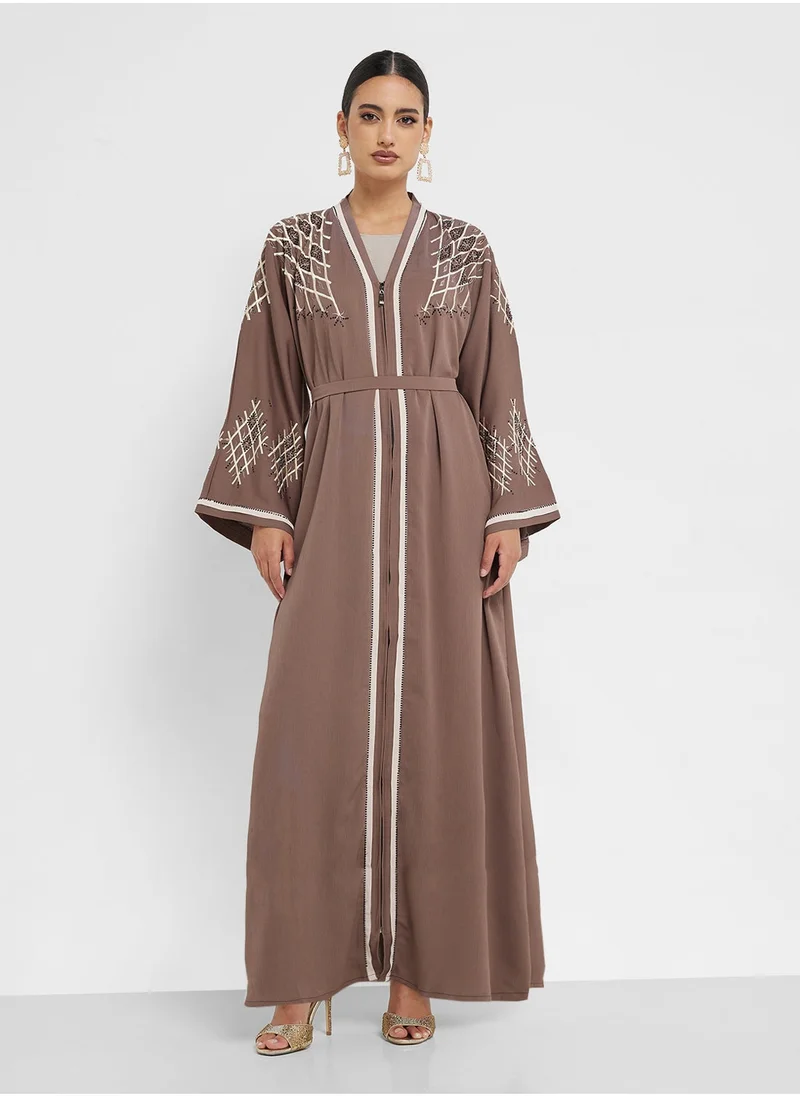 hayas closet V-Neck Straight Sleeve Embroidered  Abaya