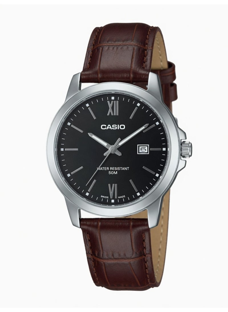 Casio Men's Enticer Analog Watch with Black Dial and Brown Leather Strap - MTP-V002L-1B