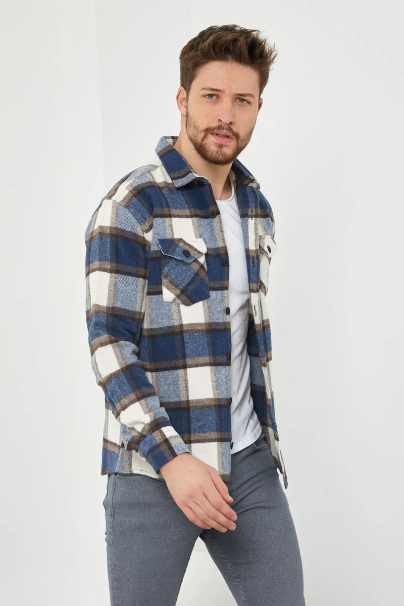 كوول تارز Cool Style Blue-Brown Men's Slim Fit Button-down Collar Double Pocket Lumberjack Plaid Shirt