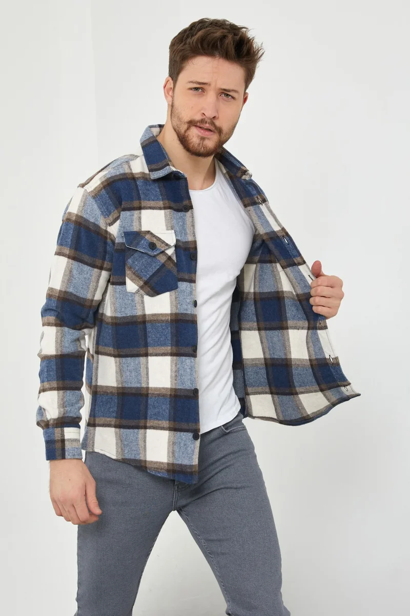 كوول تارز Cool Style Blue-Brown Men's Slim Fit Button-down Collar Double Pocket Lumberjack Plaid Shirt
