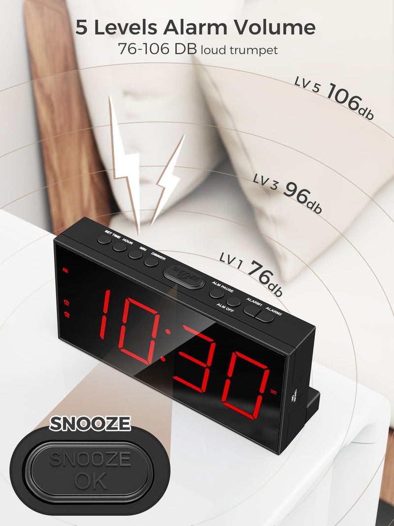 PPLEE Alarm Clock for Bedroom, Large Number Digital Clock with Dimmer for Living Room, Dual Alarms Easy to Read clock for Seniors, Electric Bedside Desk Clock with USB Charger, Digital Red LED Display - Image 4