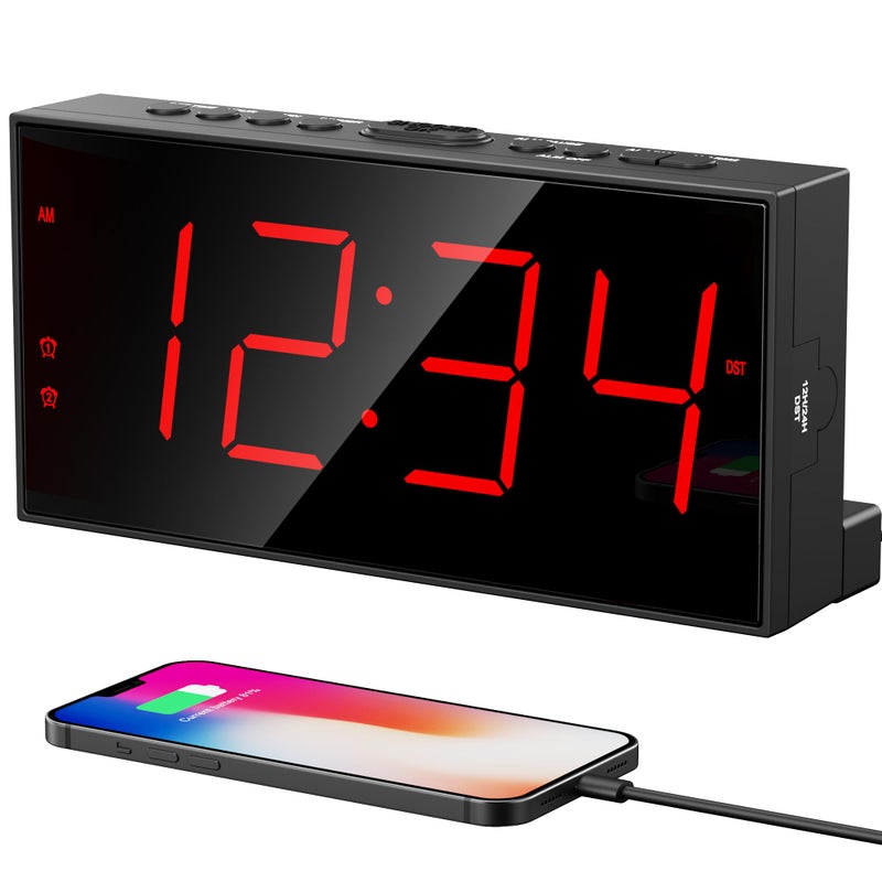 PPLEE Alarm Clock for Bedroom, Large Number Digital Clock with Dimmer for Living Room, Dual Alarms Easy to Read clock for Seniors, Electric Bedside Desk Clock with USB Charger, Digital Red LED Display - Image 1