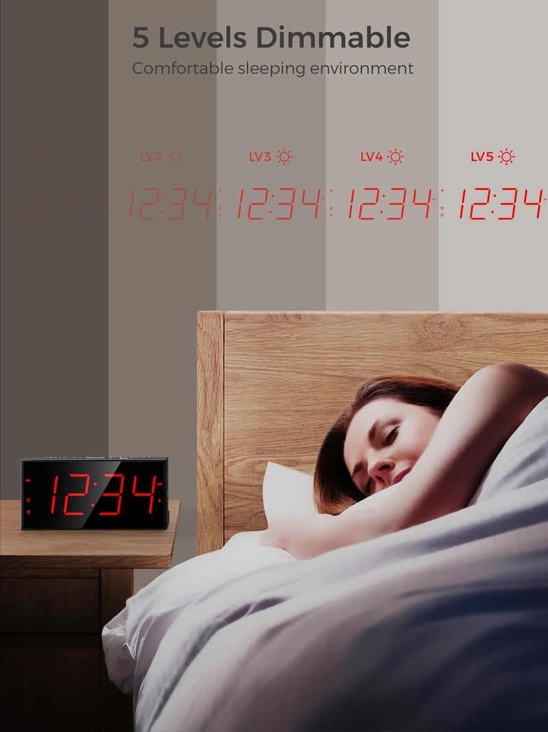 PPLEE Alarm Clock for Bedroom, Large Number Digital Clock with Dimmer for Living Room, Dual Alarms Easy to Read clock for Seniors, Electric Bedside Desk Clock with USB Charger, Digital Red LED Display - Image 3