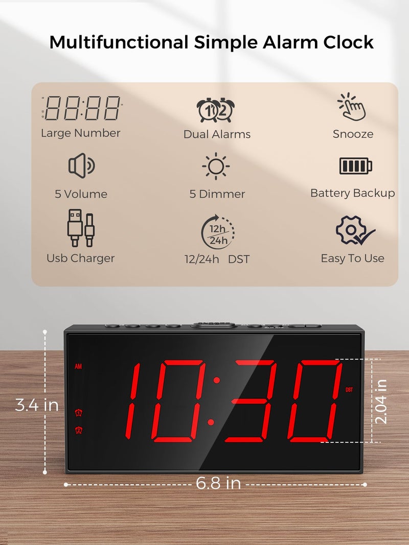PPLEE Alarm Clock for Bedroom, Large Number Digital Clock with Dimmer for Living Room, Dual Alarms Easy to Read clock for Seniors, Electric Bedside Desk Clock with USB Charger, Digital Red LED Display - Image 2