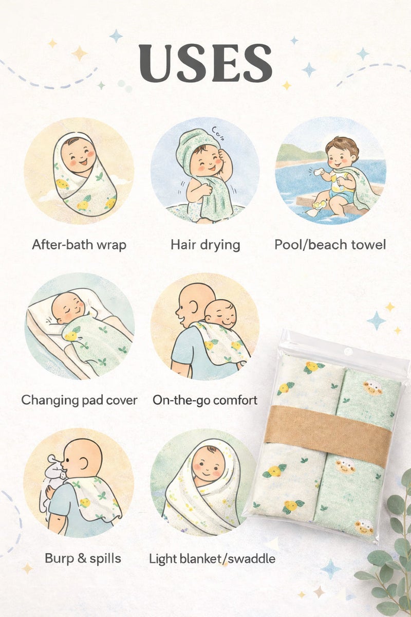 Pack of 2 - Muslin Bath Towel - Soft Cotton Absorbent, Multicolor and Multi Design Print (75x150 cm) - Image 4