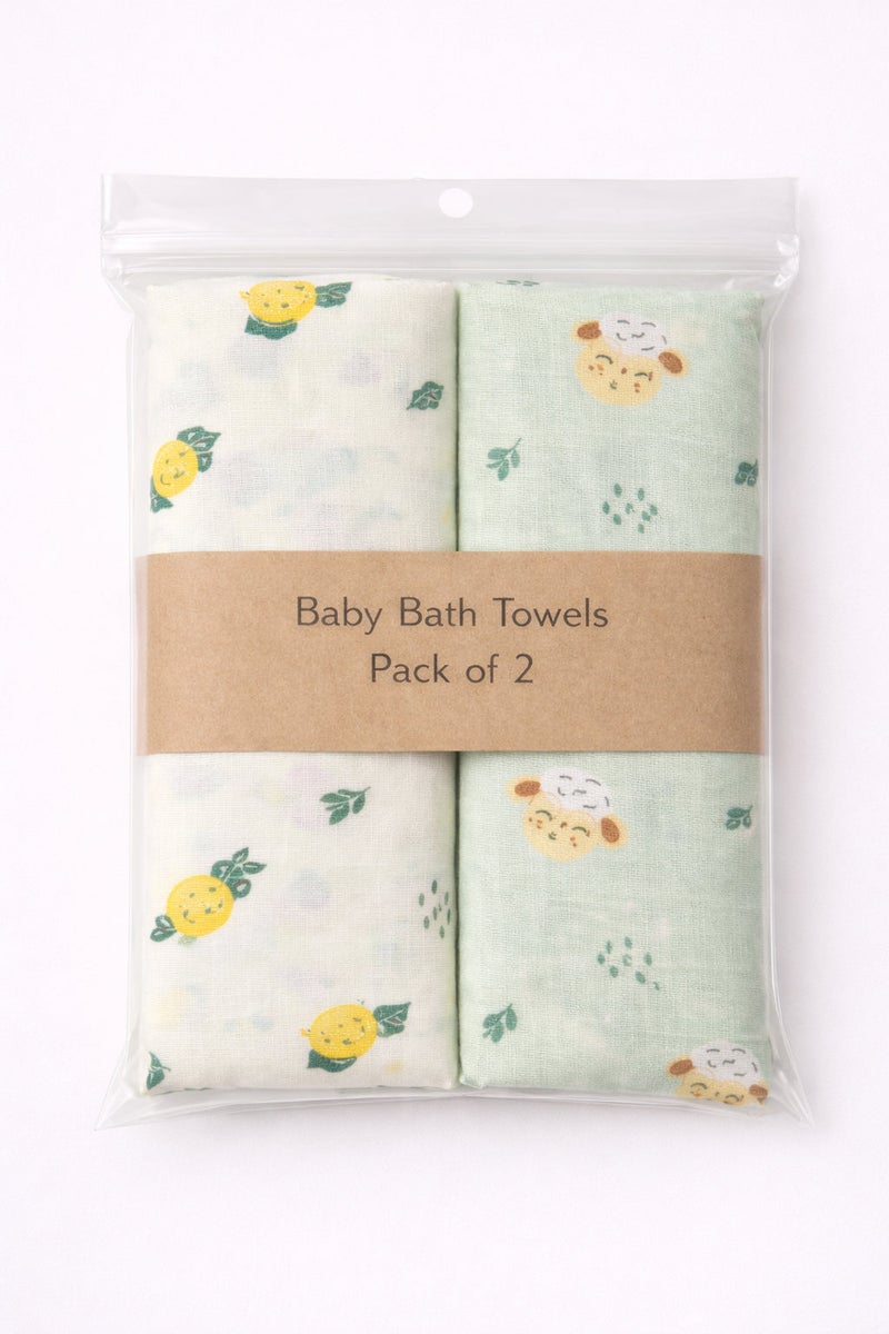 Pack of 2 - Muslin Bath Towel - Soft Cotton Absorbent, Multicolor and Multi Design Print (75x150 cm) - Image 1