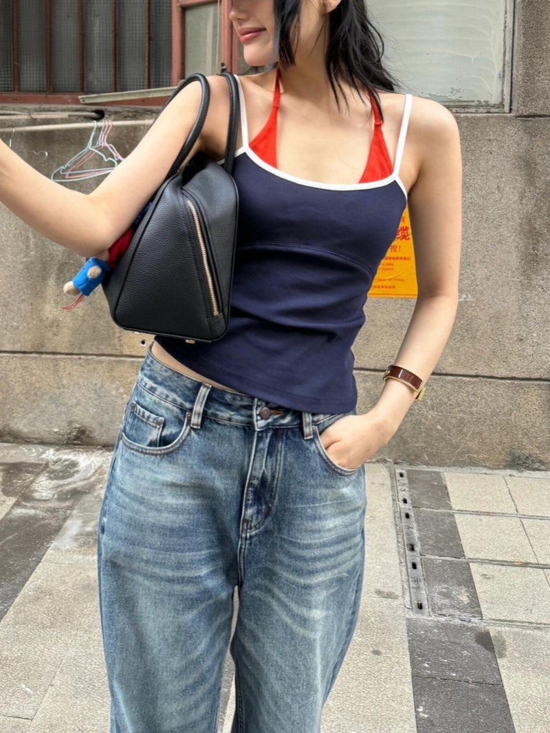 Niche Loal * Contrast Color Spell Edge Slim Fake Two-Piece Hanging Neck Suspenders Wear Sports Leisure With Chest Pad Vest Summer - Image 5