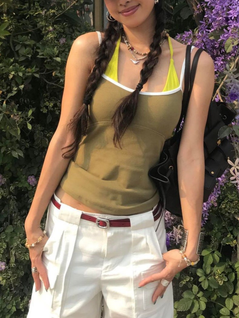 Niche Loal * Contrast Color Spell Edge Slim Fake Two-Piece Hanging Neck Suspenders Wear Sports Leisure With Chest Pad Vest Summer - Image 3