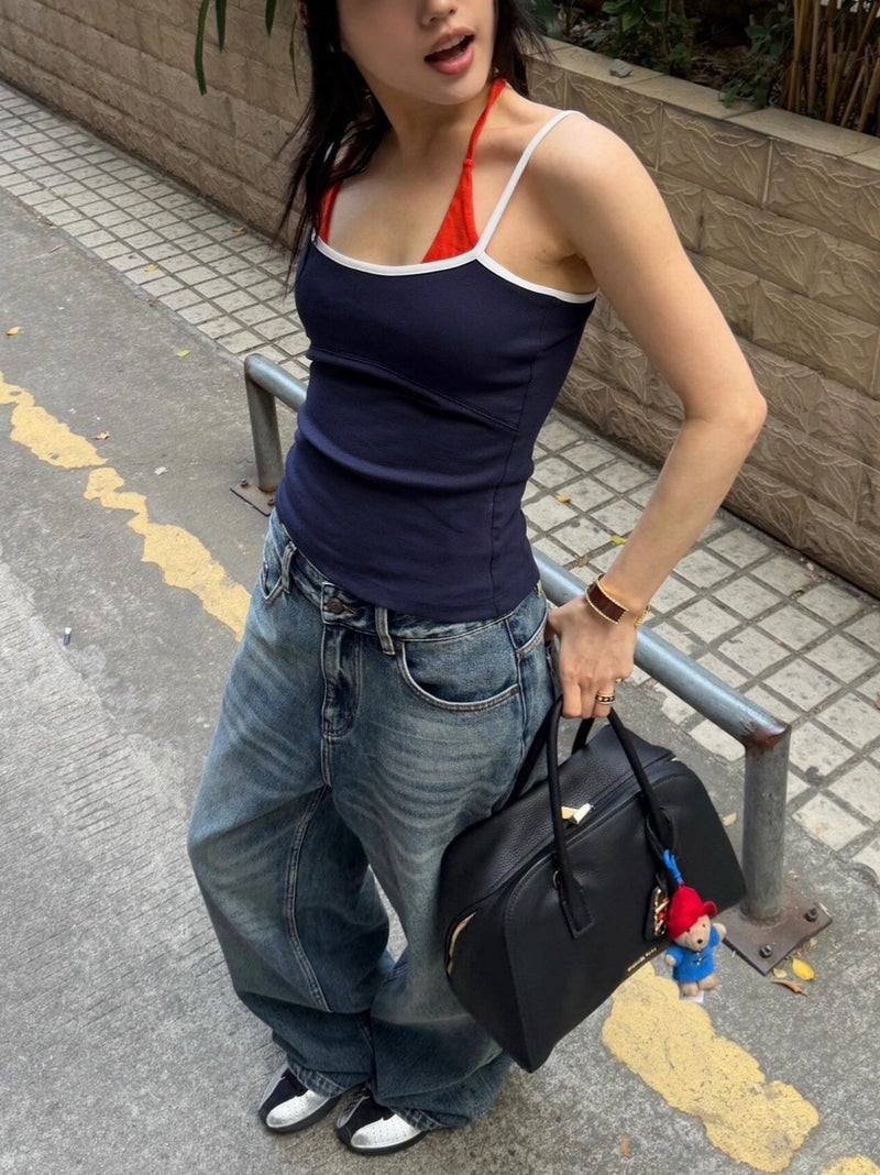 Niche Loal * Contrast Color Spell Edge Slim Fake Two-Piece Hanging Neck Suspenders Wear Sports Leisure With Chest Pad Vest Summer - Image 2