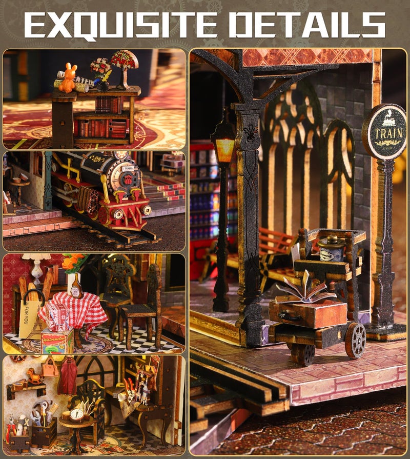Spilay DIY Miniature House Kit, DIY Dollhouse Kit with Music Box and Dust Cover, 3D Wooden Puzzle Book Nook Kit for Adult, Bookshelf Decor&Gift for Birthday Halloween Christmasï¼ˆRail Track Cityï¼‰ - Image 3