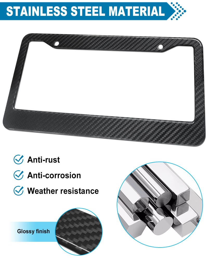 ZXFOOG Carbon Fiber License Plate Frame- Real Carbon Fiber Cloth Wrap Stainless Steel Holder, Wide Edge Black Car Tag Cover with Anti Theft Screws Caps, 1 Pack 2 Hole - Image 2