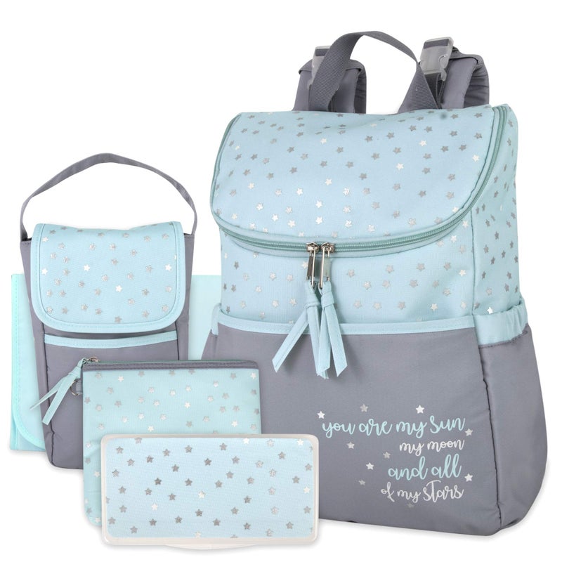 Baby Essentials Baby Essentials Diaper Bag Backpack 5 Piece Set with Sun Moon and Stars Wipes Pocket Stroller Straps Dirty Diaper Pouch Changing Pad GreyPink Backpack 