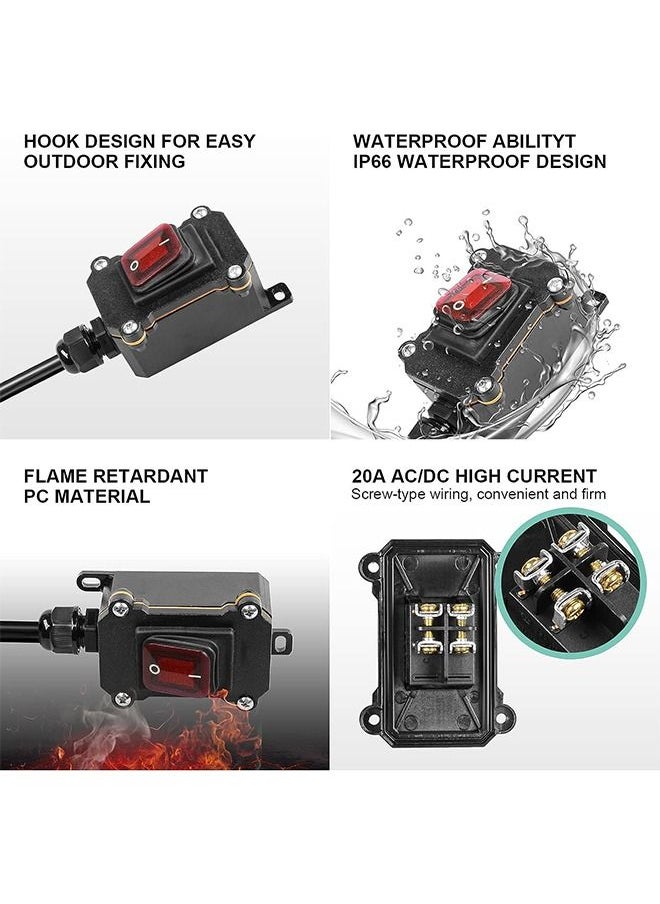 Inline Cord Switch DPST AC/DC 20A-125V,16A-250V,30A-24V,35A-12V, IP66 Waterproof On-Off with 2 Red Light Buttons, One-Side Entry & Exit Line, Outdoor Electrical Start Stop Toggle Switch