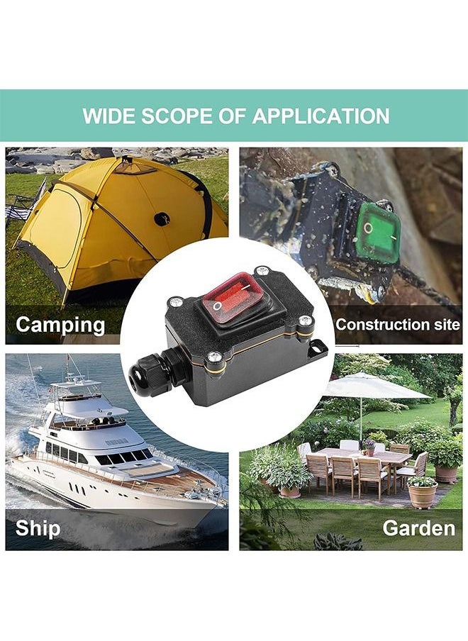 Inline Cord Switch DPST AC/DC 20A-125V,16A-250V,30A-24V,35A-12V, IP66 Waterproof On-Off with 2 Red Light Buttons, One-Side Entry & Exit Line, Outdoor Electrical Start Stop Toggle Switch