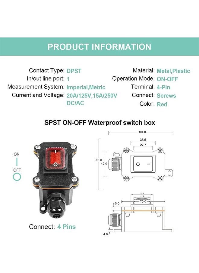 Inline Cord Switch DPST AC/DC 20A-125V,16A-250V,30A-24V,35A-12V, IP66 Waterproof On-Off with 2 Red Light Buttons, One-Side Entry & Exit Line, Outdoor Electrical Start Stop Toggle Switch