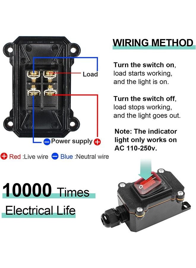Inline Cord Switch DPST AC/DC 20A-125V,16A-250V,30A-24V,35A-12V, IP66 Waterproof On-Off with 2 Red Light Buttons, One-Side Entry & Exit Line, Outdoor Electrical Start Stop Toggle Switch