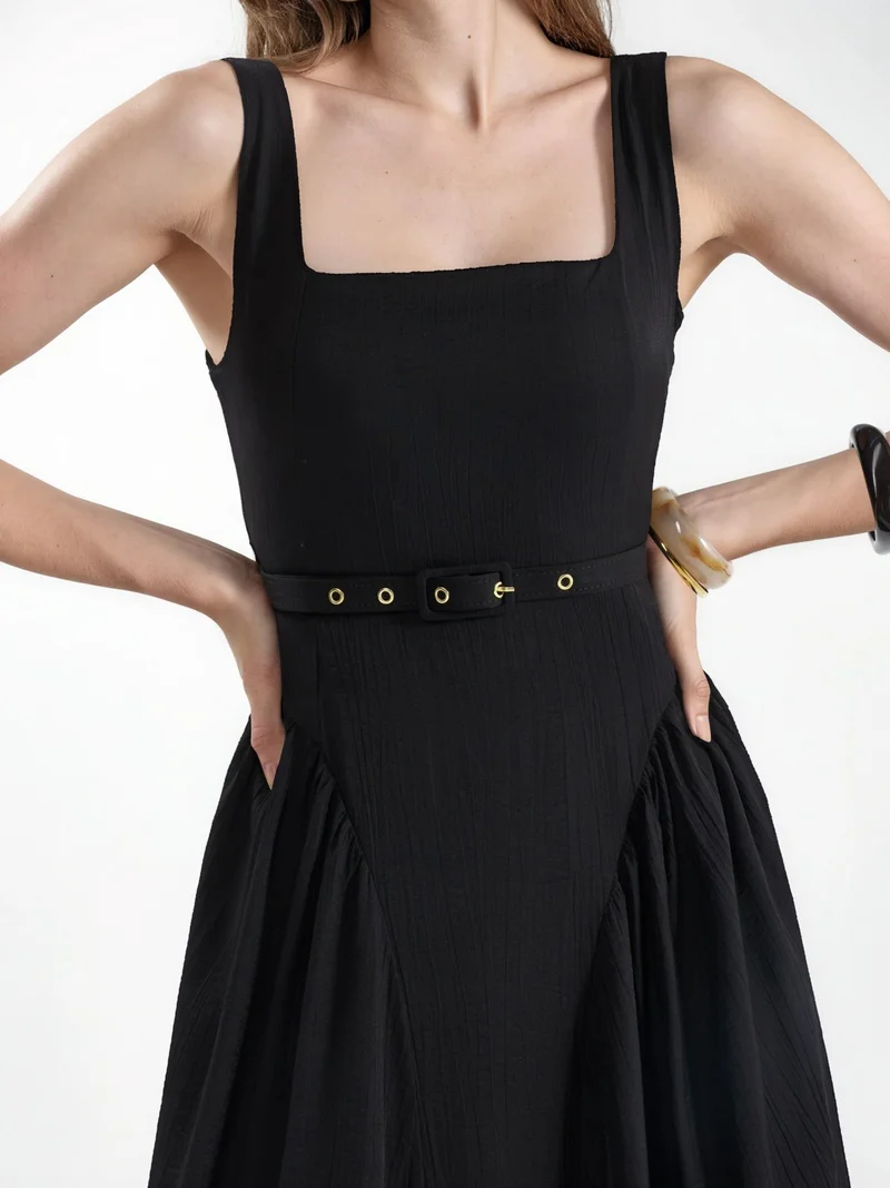 بوسيم BUSEM Square Collar Belted Midi Dress