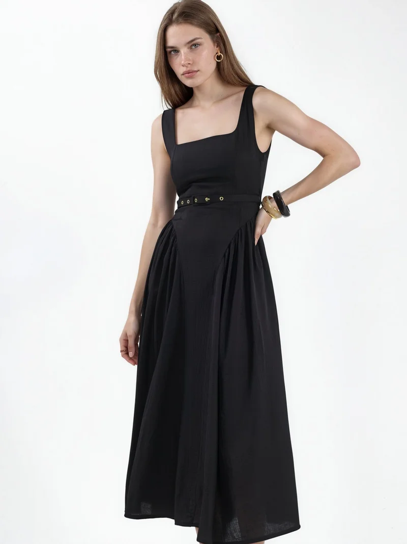 بوسيم BUSEM Square Collar Belted Midi Dress