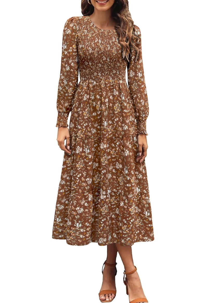 Zattcas Casual Puff Long Sleeve Floral Spring Fall Dresses for Women 2026 Flowy Boho Smocked Tiered Modest Church Work Winter Maternity Wedding Guest Midi Dress Brownfloral M - Image 1