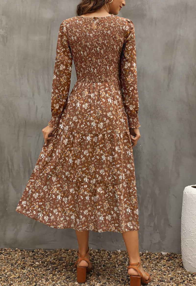 Zattcas Casual Puff Long Sleeve Floral Spring Fall Dresses for Women 2026 Flowy Boho Smocked Tiered Modest Church Work Winter Maternity Wedding Guest Midi Dress Brownfloral M - Image 3