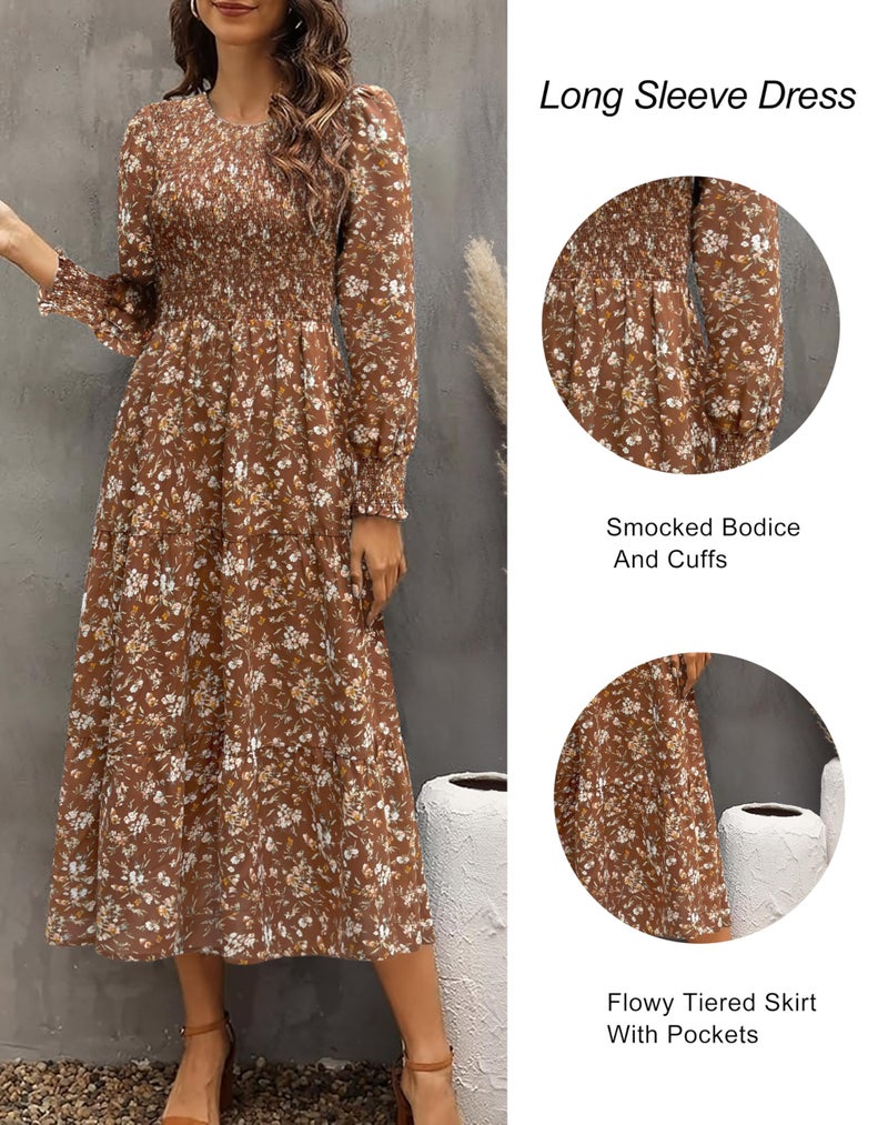 Zattcas Casual Puff Long Sleeve Floral Spring Fall Dresses for Women 2026 Flowy Boho Smocked Tiered Modest Church Work Winter Maternity Wedding Guest Midi Dress Brownfloral M - Image 4